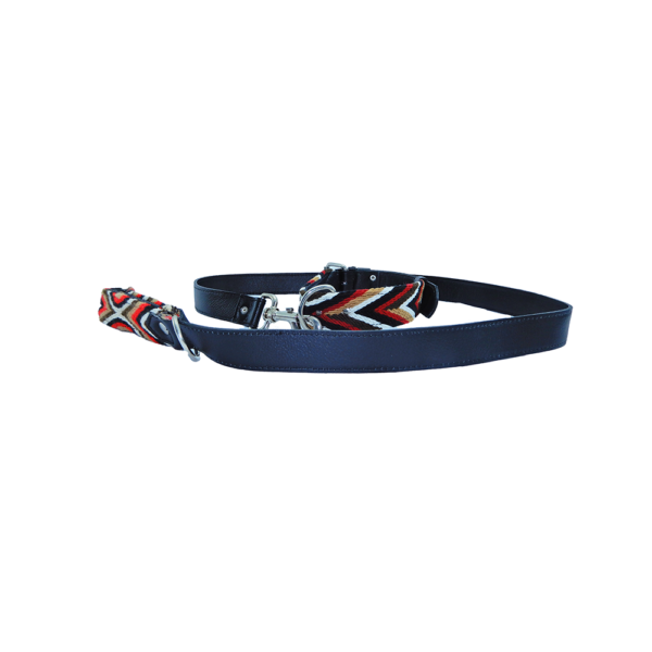 Collar Y Correa Wayuu En Cuero Negro Con Rojo