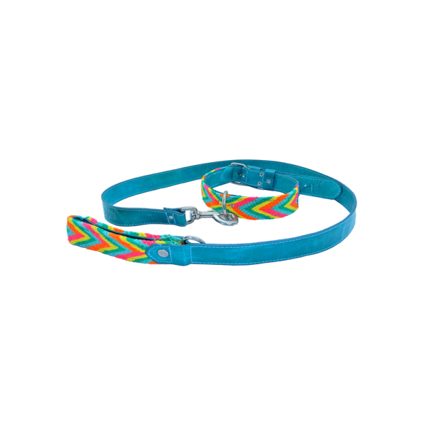 Collar Y Correa Wayuu En Cuero Turquesa Con Neon